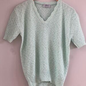 Vintage Made in USA Alicia Mint Green Pastel Knit Short Sleeve V-Neck Sweater